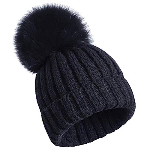 feifanshop Damen Echtfell Fuchspelz Fell Pelz Bommel Strick Mütze Winter-Mütze Bommelmütze (schwarz) von feifanshop