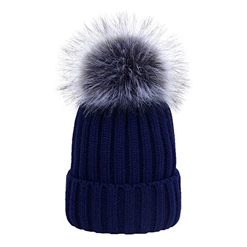 feifanshop Damen Mütze Strickmütze mit Fellbommel Fuchspelz Groß Fell Pelz Bommel Strick Mütze Winter-Mütze Bommelmütze (Navy) von feifanshop