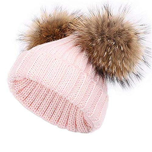 feifanshop Damen-Mütze mit doppeltem abnehmbarem Pompon-Bommel, weich, grob, weich, Rosa, rose, Einheitsgröße von feifanshop