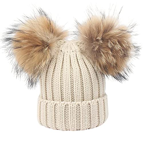 feifanshop Damen Wintermützen Strickmütze Echtfell Waschbär Fell Pelz Bommel Mütze Bommelmütze Beanie Warme Cap Beige von feifanshop