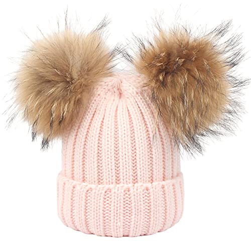 feifanshop Damen Wintermützen Strickmütze Echtfell Waschbär Fell Pelz Bommel Mütze Bommelmütze Beanie Warme Cap Rosa von feifanshop