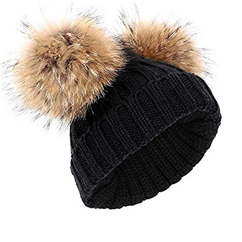 feifanshop Damen Winter Strickmütze Beanie mit Doppel Kunstfell Pom Ohren Weihnachten Gr. Einheitsgröße, Schwarz von feifanshop