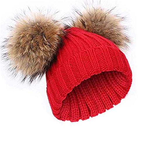 feifanshop Damen Winter Strickmütze Beanie mit Doppel Kunstfell Pom Ohren Weihnachten Gr. Einheitsgröße, rot von feifanshop