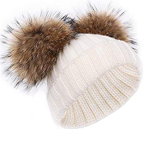 feifanshop Damen Winter Strickmütze Beanie mit Doppel Kunstfell Pom Ohren Weihnachten Gr. Einheitsgröße, weiß von feifanshop