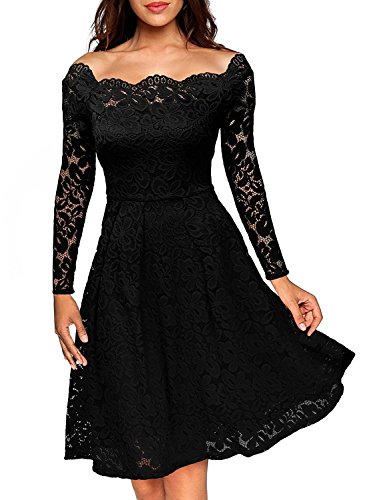 feifanshop Übergröße Damen Vintage 50s Off Schulter Spitzenkleid Abendkleid Cocktailkleid Blumen Spitzen Ballkleid Party Cocktail Kleid Gr 34-48 von feifanshop