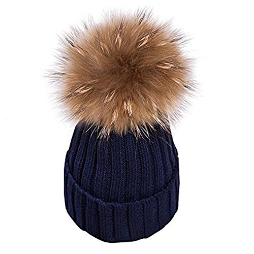 feifanshop Warm Mütze Pelz Bommel Echtpelz Waschbär Ski-Mütze Fellbommel Pelzbommel Raccoon (Navy blau) von feifanshop