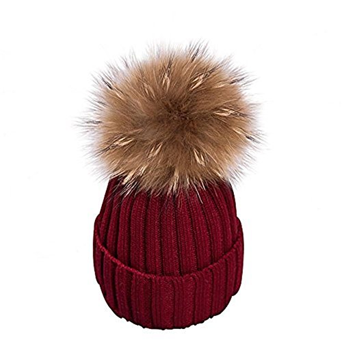 feifanshop Warm Mütze Pelz Bommel Echtpelz Waschbär Ski-Mütze Fellbommel Pelzbommel Raccoon (Weinrot) von feifanshop