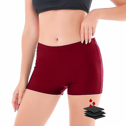 feitycom Period Bademode, Menstrual Bademode Bikini Bottoms-Boy Short Leakproof Swim Bottoms for Girls and Women, Weinrot, Large von feitycom