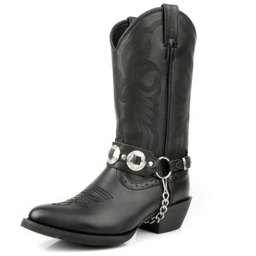 femflame Cowboy-Stiefel für Herren, klobiger blockierter Absatz, Westernstiefel mit Kettenriemen, genähte Westernstiefel, runde geschlossene Zehenpartie, bestickte Halbschaft Stiefel, Schwarz, 42 EU von femflame