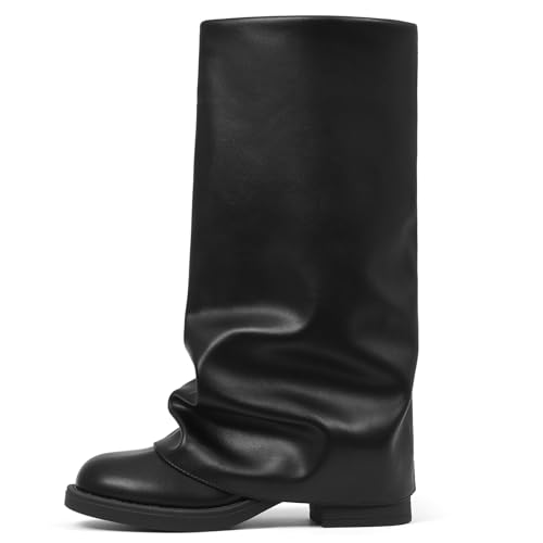 femflame Damen Fold Over Boots Slouchy Wide Calf Plissee Plateau Schwarz Stiefel Round Toe Chunky Stacked Riding Biker Boots Mid Calf Boots, Blackpu, 38 EU von femflame