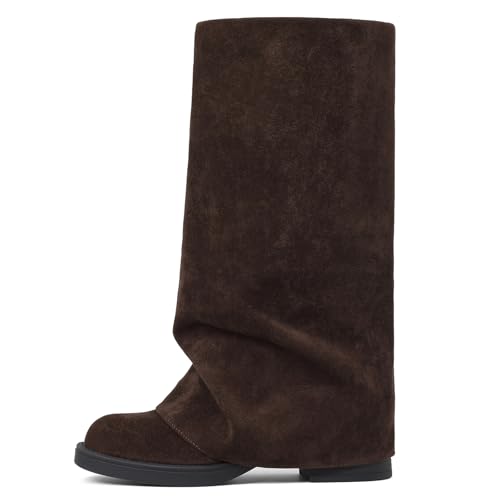 femflame Damen Fold Over Boots Slouchy Wide Calf Plissee Plateau Schwarz Stiefel Round Toe Chunky Stacked Riding Biker Boots Mid Calf Boots, Schokolade, 39 EU von femflame