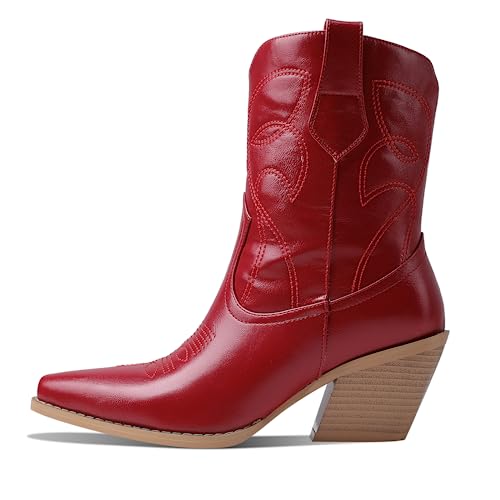 femflame Westernstiefel für Damen, klobiger Absatz, Cowboystiefel, Stickerei, Vintage-Cowgirl-Stiefeletten, rot, 39 EU von femflame