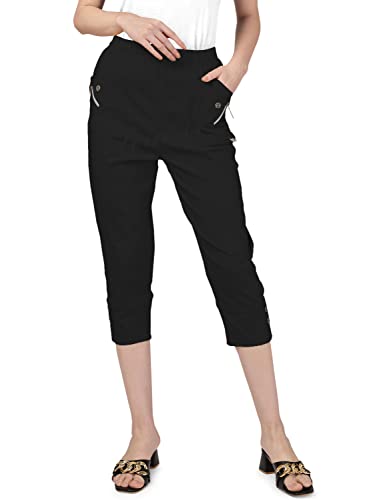 femiss Damen Caprihose Cropped Hose für Frauen UK Dreiviertel Stretch Crop Shorts Weich Elastisch Pull on Sommer 3/4 Plus Size Pants, Schwarz , 38 von femiss