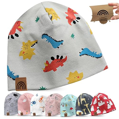 fenchi's AUSTRIA Kinder Beanie Mütze mit süßen Motiven und Geschenkverpackung, Regenbogen Leder Label, Baumwolle (DE/NL/SE/PL, Alter, Einheitsgröße, Grau_Dino) von fenchi's AUSTRIA