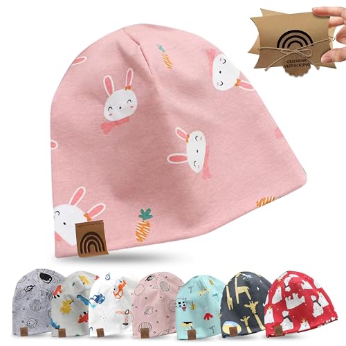 fenchi's AUSTRIA Kinder Beanie Mütze mit süßen Motiven und Geschenkverpackung, Regenbogen Leder Label, Baumwolle (DE/NL/SE/PL, Alter, Einheitsgröße, Rosa_Hase) von fenchi's AUSTRIA