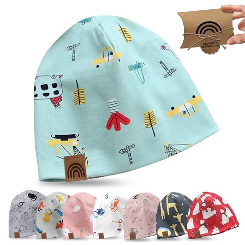 fenchi's AUSTRIA Kinder Beanie Mütze mit süßen Motiven und Geschenkverpackung, Regenbogen Leder Label, Baumwolle (DE/NL/SE/PL, Alter, Einheitsgröße, Türkis_Auto) von fenchi's AUSTRIA