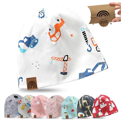 fenchi's AUSTRIA Kinder Beanie Mütze mit süßen Motiven und Geschenkverpackung, Regenbogen Leder Label, Baumwolle (DE/NL/SE/PL, Alter, Einheitsgröße, Weiß_Baustelle) von fenchi's AUSTRIA