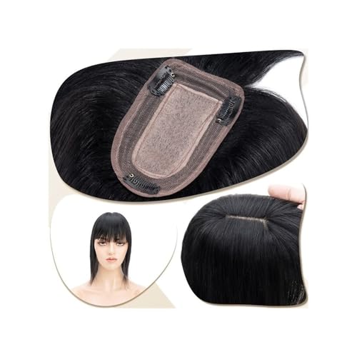 Eine Glatzenperücke für Damen, 6"-18" Echthaar-Teile for Frauen mit Pony, 7 x 12,5 cm, Seidenbasis, Clip-in-Verlängerung, 150% Dichte, glattes Haar(Black,12 inch) von fengqingyunyan0304