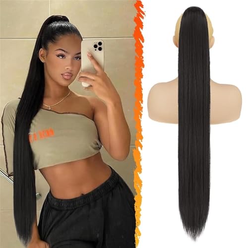Pferdeschwanzverlängerung, Brasilianische glatte Pferdeschwanz-Haarverlängerungen for Damen mit Clip-In-Kordelzug(Black,24inch) von fengqingyunyan0304