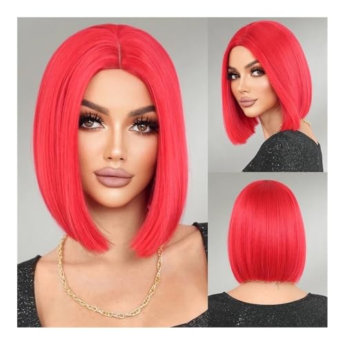 Spitzenfrontperücken Modische hellbraune Bob-Perücke for Damen mit glattem Haar, hochglänzende blonde Perücke mit hoher Dichte und vollem Pony Menschliches Haar(Red) von fengqingyunyan0304