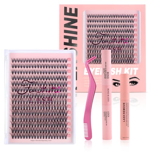 Cluster Lashes Einzelwimpern, breiter Stiel, D-Curl, DIY einzelne, weiche falsche Wimpern für den persönlichen Gebrauch zu Hause,Wimpernverlängerungs-Set (30P Kit with Remover, 9-16mm) von fenshine beauty