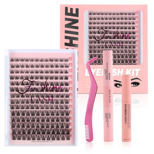 Cluster Lashes Einzelwimpern, breiter Stiel, D-Curl, DIY einzelne, weiche falsche Wimpern für den persönlichen Gebrauch zu Hause,Wimpernverlängerungs-Set (W-7 Kit with Remover, 9-16mm) von fenshine beauty
