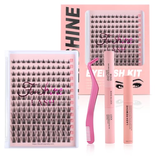 Cluster Lashes Einzelwimpern, breiter Stiel, D-Curl, DIY einzelne, weiche falsche Wimpern für den persönlichen Gebrauch zu Hause,Wimpernverlängerungs-Set (Wheat Style Kit with Remover, 9-16mm) von fenshine beauty