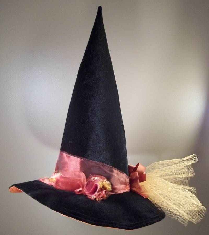 Hexenhut Schwarz Samt Orange Blumenband Gerüscht Tüll von ferdworthi