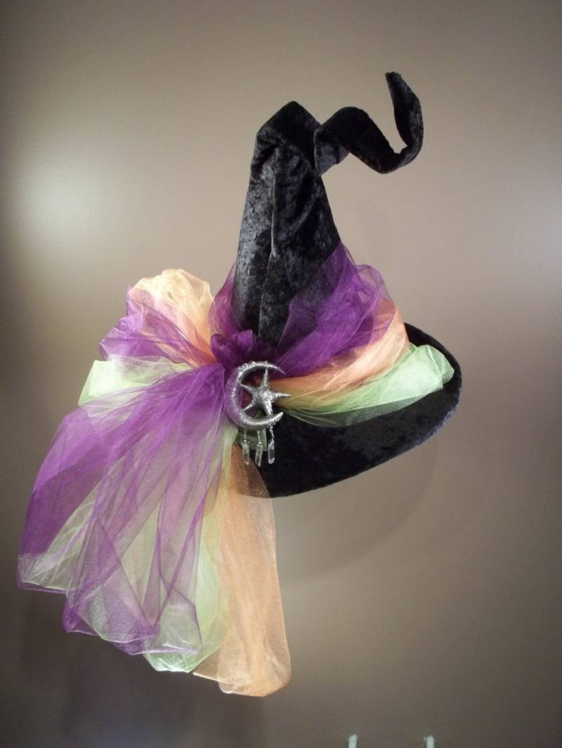 Hexenhut Schwarz Samt Tüll Grün Lila Orange Mond von ferdworthi