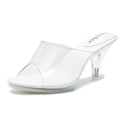 Damen Clear Heels Sandalen Clear Strap Slip On Transparent Kitten Pantoletten, Weiß, 36 EU von fereshte