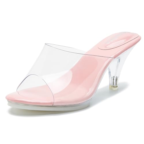 Damen Clear Heels Sandalen Clear Strap Slip On Transparent Kitten Pantoletten, rose, 38 EU von fereshte