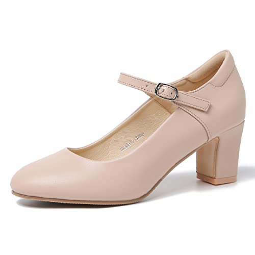 Damen Mary Jane Schuhe Niedriger Blockabsatz Runde Zehen Kleid Büro Arbeit Kirche Pumps, Matt Nude, 43 EU von fereshte