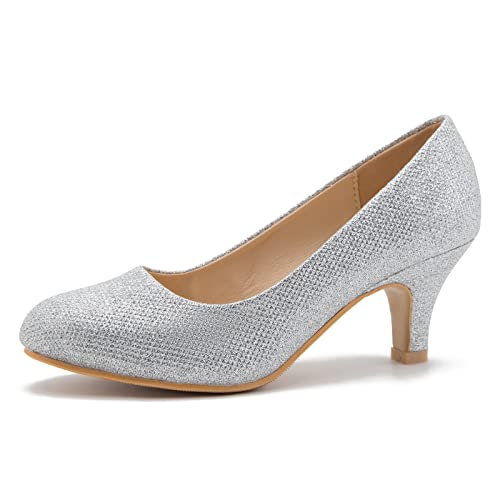 Damen Niedriger Absatz Runde Zehen Pumps Klassisch Elegant Vielseitige Kleid Schuhe, Silberfarben glitzernd, 40.5 EU von fereshte