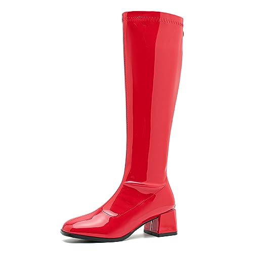 GOGO Stiefel für Damen, kniehohe Stiefel, mittelhoher Blockabsatz, Reißverschluss, Party, Tanzschuhe, Rot/Ausflug, einfarbig (Getaway Solids), 43.5 EU von fereshte