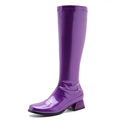 GOGO Stiefel für Damen, kniehohe Stiefel, niedriger klobiger Absatz, Reißverschluss, Stiefel für Damen, Party, Tanzschuhe, breite Wade, violett, 45 EU von fereshte