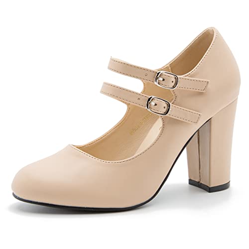 Mary Jane Dress Shoes Double Strap Closed Round Toe Block High Heel Pumps, Matt Nude, 44 EU von fereshte