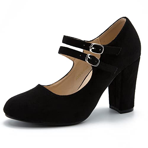 Mary Jane Kleid Schuhe Doppelriemen Geschlossen Runde Zehe Block High Heel Pumps, Schwarzes Wildleder, 38 EU von fereshte