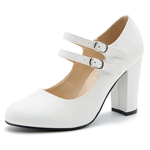 Mary Jane Kleid Schuhe Doppelriemen Geschlossen Runde Zehe Block High Heel Pumps, Matt Wei?, 38.5 EU von fereshte