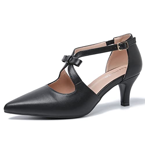 fereshte Damen Geschlossene Spitze Zehen Absätze Kleine Schleife Hollow Out D'Orsay Kitten Heel Dressy Pumps, Mattes Schwarz, 40 EU von fereshte