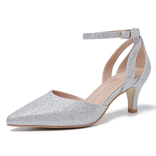 fereshte Damen Geschlossene Spitze Zehen Fersen Knöchelriemen Hollow Out D'Orsay Kitten Heel Dressy Pumps, Silberfarben glitzernd, 39 EU von fereshte