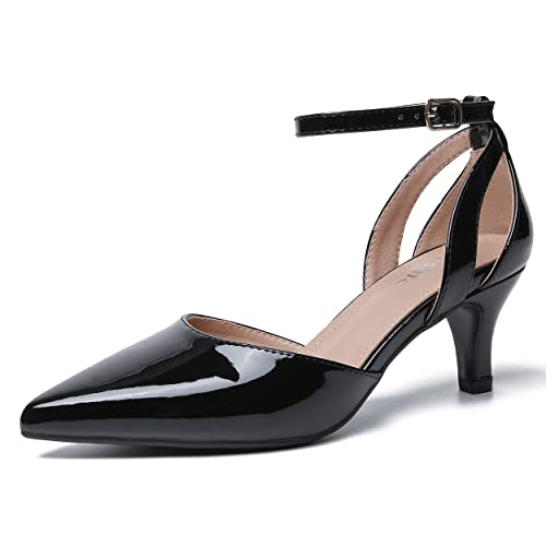 fereshte Damen-Pumps mit geschlossenem spitzem Zehenbereich, Knöchelriemen, ausgehöhlt, D'Orsay Kitten-Heels, elegante Pumps, Lackschwarz, 38.5 EU von fereshte