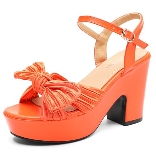 fereshte Damen-Sandalen mit plissiertem Schleifenknoten, Blockabsatz, Plateau, hoher Absatz, offener Zehenbereich, Knöchelriemen, Orange/Abendrot im Zickzackmuster (Sunset Chevron), 39 EU von fereshte