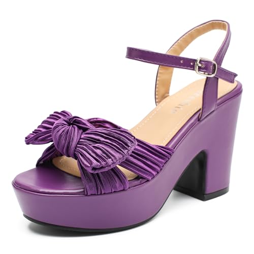 fereshte Damen-Sandalen mit plissiertem Schleifenknoten, Blockabsatz, Plateau, hoher Absatz, offener Zehenbereich, Knöchelriemen, Violett, 37.5 EU fereshte Damen-Sandalen mit plissiertem Schleifenknoten, Blockabsatz, Plateau, hoher Absatz, offener Zehenbereich, Knöchelriemen, Violett, 37.5 EU von fereshte