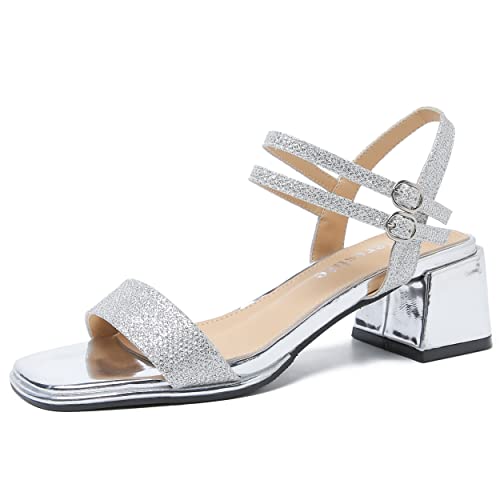 fereshte Damen Zwei Knöchelriemen Absatz Sandalen Offene Zehen Riemchen Niedrige Blockabsatz Sandalen, Silberfarben glitzernd, 38 EU von fereshte