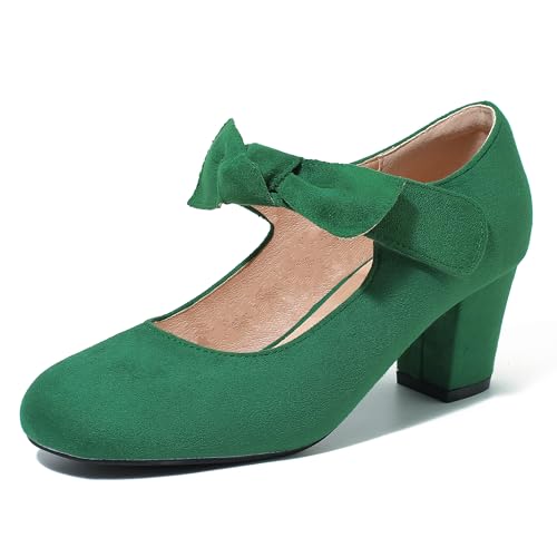 fereshte Mary Jane Damen-Pumps mit Schleife, geschlossener Zehenbereich, Blockabsatz, Knöchelriemen, Kleid, Grün , 41 EU von fereshte