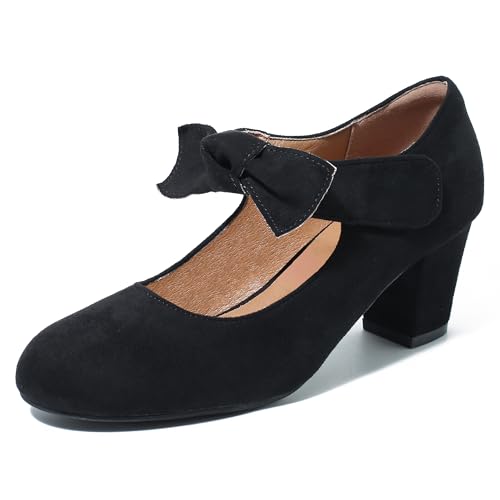 fereshte Mary Jane Damen-Pumps mit Schleife, geschlossener Zehenbereich, Blockabsatz, Knöchelriemen, Kleid, Schwarz, 45 EU von fereshte