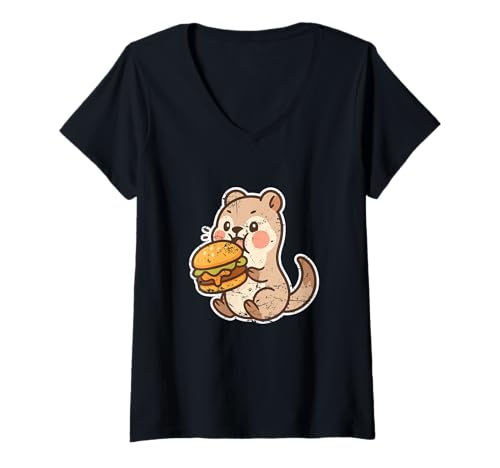 Damen Frettchen Burger Biss Cartoon T-Shirt mit V-Ausschnitt von ferret burger cute pet foodie fun burger animals