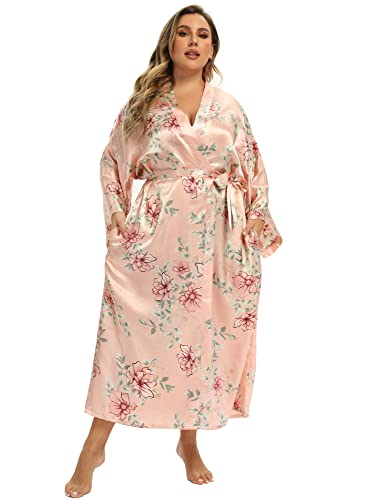feslieacc Langer Damen-Bademantel aus Satin, Übergröße, lang, mit Pfauenmuster, Kimonos, Nachtwäsche, Morgenmantel, Blumenmuster, Rosa, XXL/3XL von feslieacc