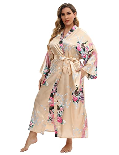feslieacc Langer Damen-Bademantel aus Satin, Übergröße, lang, mit Pfauenmuster, Kimonos, Nachtwäsche, Morgenmantel, Pfau, Champagner, XXL/3XL von feslieacc