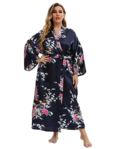 feslieacc Langer Damen-Bademantel aus Satin, Übergröße, lang, mit Pfauenmuster, Kimonos, Nachtwäsche, Morgenmantel, Pfau, Marineblau, Einheitsgröße von feslieacc